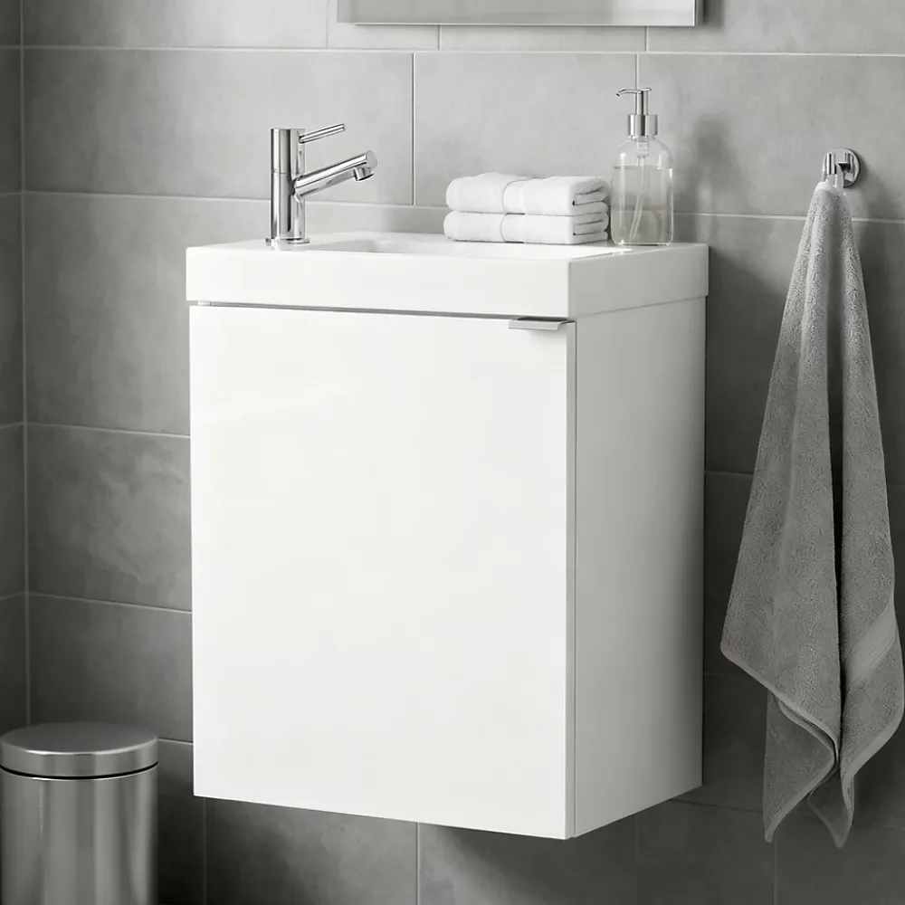 GoodHome Meuble lave mains suspendu blanc brillant l.44 cm Imandra + plan vasque blanc résine Beni,