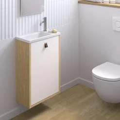 Lave-Mains|Decotec Meuble lave mains suspendu blanc mat + plan vasque l.46 x H.69 x P.23 cm, ouverture à gauche, Havana