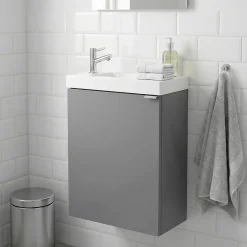 Lave-Mains|GoodHome Meuble lave mains suspendu gris brillant l.44 cm Imandra + plan vasque blanc résine Beni,
