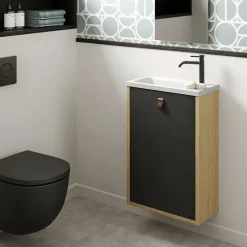 Decotec Meuble lave mains suspendu noir mat + plan vasque l.46 x H.69 x P.23 cm, ouverture à gauche, Havana