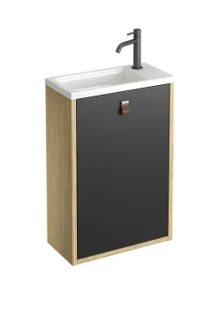 Decotec Meuble lave mains suspendu noir mat + plan vasque l.46 x H.69 x P.23 cm, ouverture à gauche, Havana