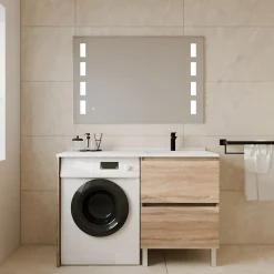 Cuisibane Meuble lave-linge IDEA, plan vasque déportée + Miroir Prestige- Bois- Vasque à droite