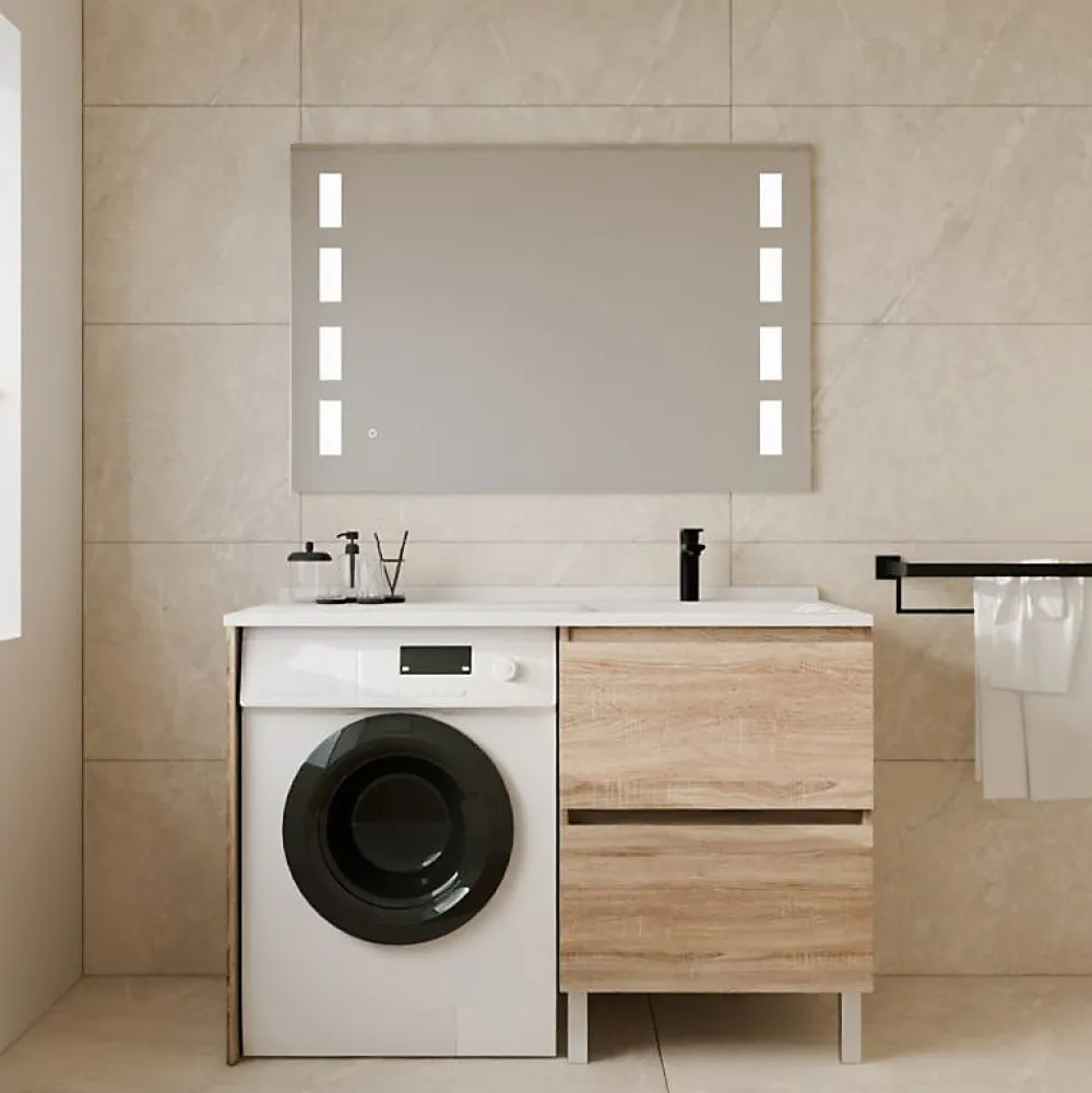Cuisibane Meuble lave-linge IDEA, plan vasque déportée + Miroir Prestige- Bois- Vasque à droite
