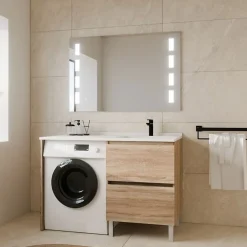 Cuisibane Meuble lave-linge IDEA, plan vasque déportée + Miroir Prestige- Bois- Vasque à droite