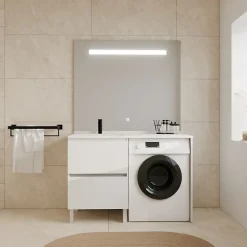 Cuisibane Meuble lave-linge IDEA, plan vasque déportée + Miroir Elégance h105- Blanc- Vasque à gauche