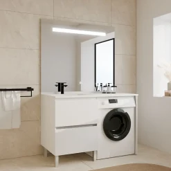 Cuisibane Meuble lave-linge IDEA, plan vasque déportée + Miroir Elégance h105- Blanc- Vasque à gauche