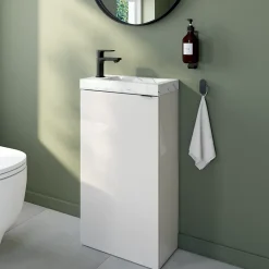 Lave-Mains| Meuble lave-mains à poser blanc brillant l.44 cm Imandra + plan vasque effet marbre blanc, GoodHome