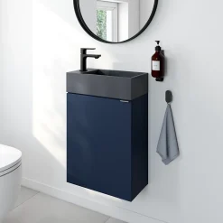 Lave-Mains|Homesight Meuble lave-mains à poser bleu nuit mat l.44 cm Imandra + plan vasque béton gris, GoodHome