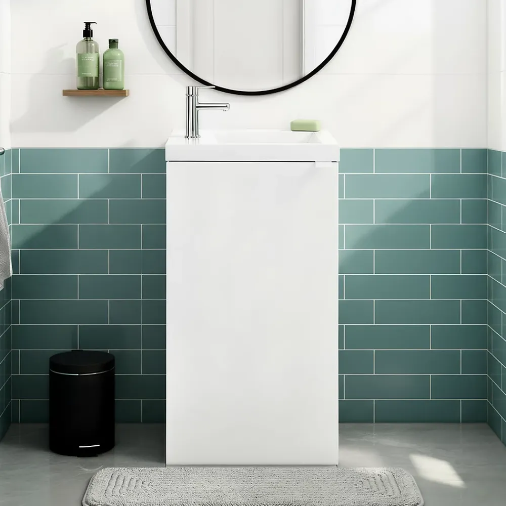 GoodHome Meuble lave-mains à poser blanc mat l.44 cm Imandra + plan vasque blanc résine Beni,