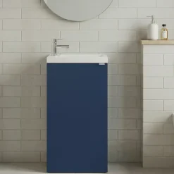Lave-Mains|Meuble De Salle De Bains Faible Profondeur|GoodHome Meuble lave-mains à poser bleu nuit mat l.44 cm Imandra + plan vasque blanc résine Beni,