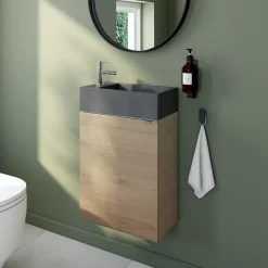 Lave-Mains| Meuble lave-mains à poser effet chêne l.44 cm Imandra + plan vasque béton gris, GoodHome