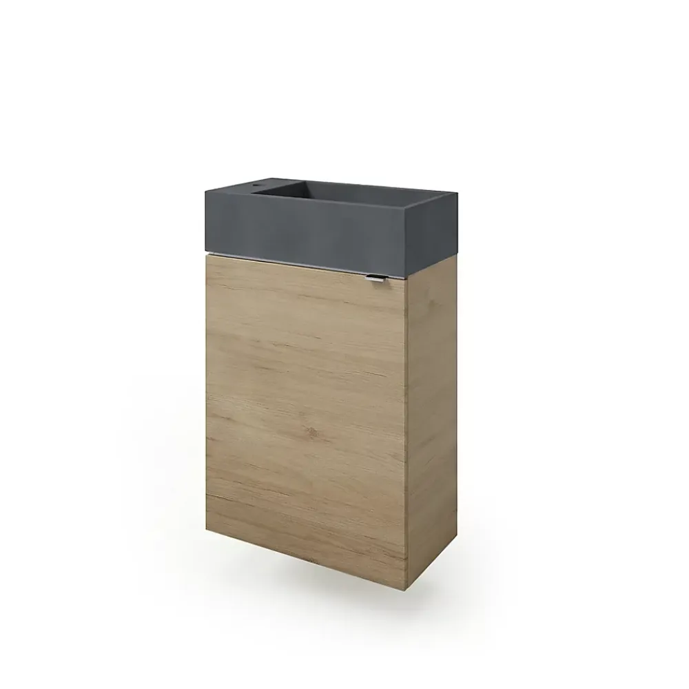 Lave-Mains| Meuble lave-mains à poser effet chêne l.44 cm Imandra + plan vasque béton gris, GoodHome