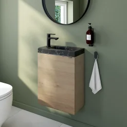 GoodHome Meuble lave-mains à poser effet chêne l.44 cm Imandra + plan vasque effet marbre noir,