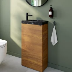 Homesight Meuble lave-mains à poser effet noyer l.44 cm Imandra + plan vasque effet marbre noir, GoodHome