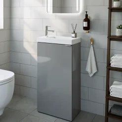 Lave-Mains|GoodHome Meuble lave-mains à poser gris brillant l.44 cm Imandra + plan vasque blanc céramique Nira,