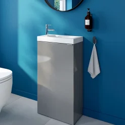 Lave-Mains|GoodHome Meuble lave-mains à poser gris brillant l.44 cm Imandra + plan vasque blanc céramique Nira,