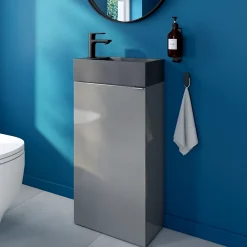 GoodHome Meuble lave-mains à poser gris brillant l.44 cm Imandra + plan vasque béton gris,
