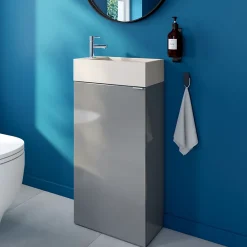 Lave-Mains|GoodHome Meuble lave-mains à poser gris brillant l.44 cm Imandra + plan vasque béton beige moucheté,