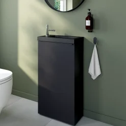 GoodHome Meuble lave-mains à poser noir mat l.44 cm Imandra + plan vasque noir résine Beni,