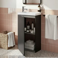 GoodHome Meuble lave-mains à poser noir mat l.44 cm Imandra + plan vasque blanc résine Beni,