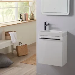 Lave-Mains|Planète Bain Meuble lave-mains blanc avec vasque en céramique, mitigeur et poignée noire