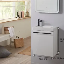 Lave-Mains|Planète Bain Meuble lave-mains blanc avec vasque en céramique, mitigeur et poignée noire