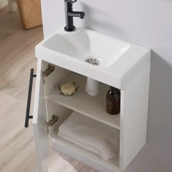 Lave-Mains|Planète Bain Meuble lave-mains blanc avec vasque en céramique, mitigeur et poignée noire