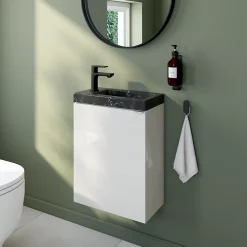 Lave-Mains|GoodHome Meuble lave-mains blanc brillant l.44 cm Imandra + plan vasque effet marbre noir,