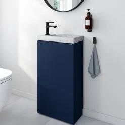 Homesight Meuble lave-mains bleu nuit mat l.44 cm Imandra + plan vasque effet marbre blanc, GoodHome