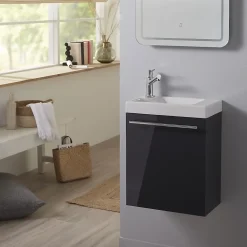 Lave-Mains|Planète Bain Meuble lave-mains complet couleur gris anthracite laqué avec mitigeur eau chaude / eau froide