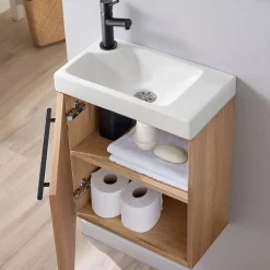 Lave-Mains|Planète Bain Meuble lave-mains finition bois oak avec mitigeur noir et poignée noire