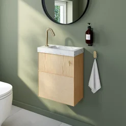 Homesight Meuble lave-mains Java effet chêne clair et jute l.44 cm + plan vasque lave-mains effet marbre blanc