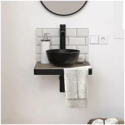 Mob-In Meuble lave-mains SOHO plan fin p-serviette face vasque noire + robinet