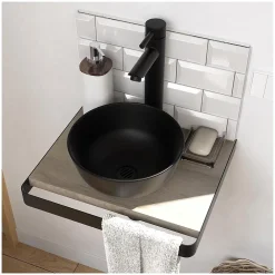Mob-In Meuble lave-mains SOHO plan fin p-serviette face vasque noire + robinet