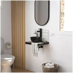 Mob-In Meuble lave-mains SOHO plan fin p-serviette face vasque noire + robinet