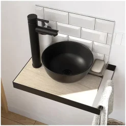 Meuble De Salle De Bains Faible Profondeur|Lave-Mains|Mob-In Meuble lave-mains SOHO plan fin p-serviette côté vasque noire + robinet