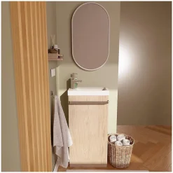 Meuble Wc|Mob-In Meuble lave-mains sur pieds JOHANN décor chêne + vasque + robinet + miroir