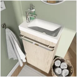 Meuble Wc|Mob-In Meuble lave-mains sur pieds JOHANN décor chêne + vasque + robinet + miroir