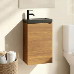 GoodHome Meuble lave-mains suspendu effet noyer l.44 cm Imandra + plan vasque noir céramique Nira,