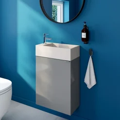 Lave-Mains| Meuble lave-mains suspendu gris brillant l.44 cm Imandra + plan vasque béton beige moucheté, GoodHome
