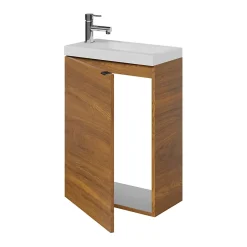 GoodHome Meuble lave-mains suspendu effet noyer l.44 cm Imandra + plan vasque blanc résine Beni,