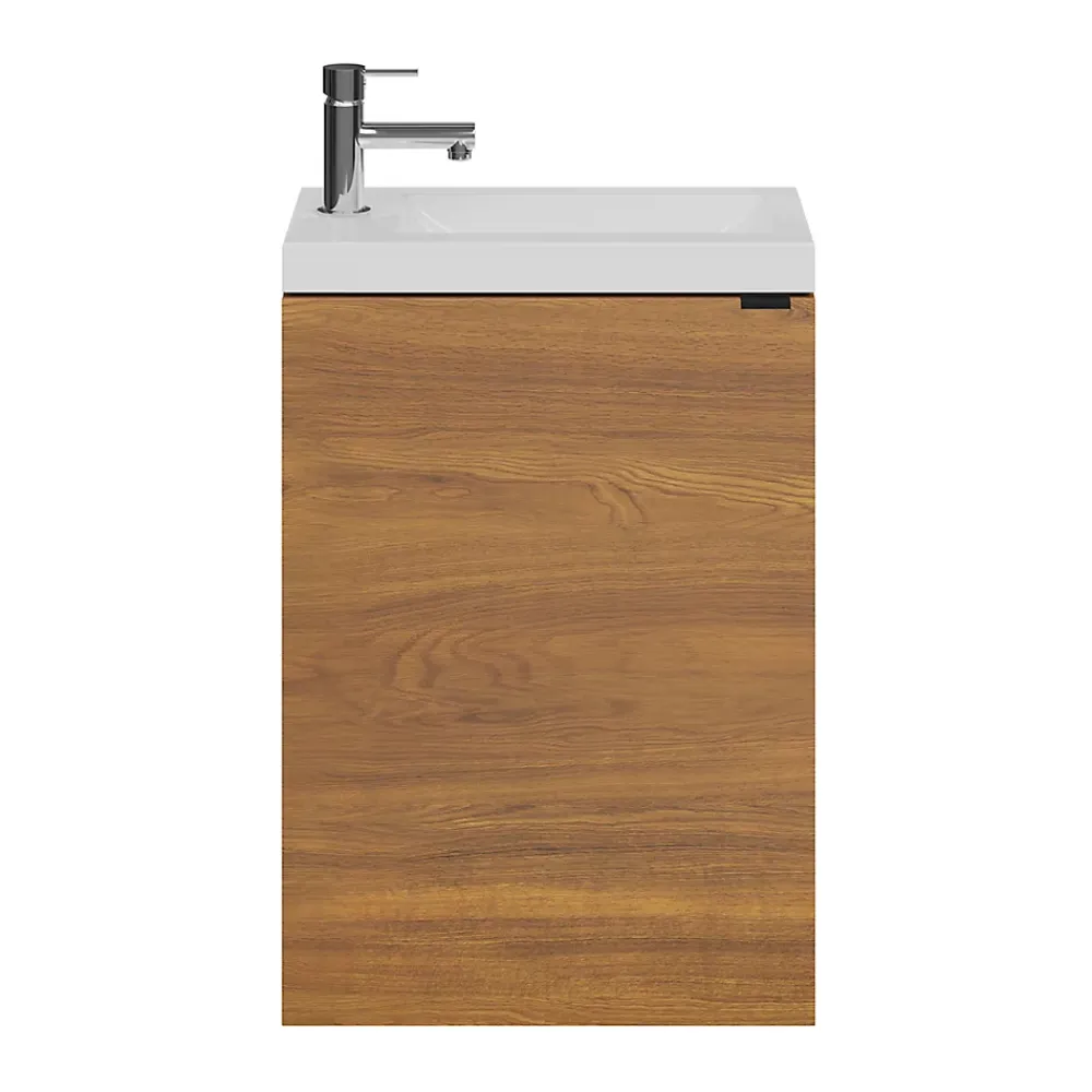 GoodHome Meuble lave-mains suspendu effet noyer l.44 cm Imandra + plan vasque blanc résine Beni,