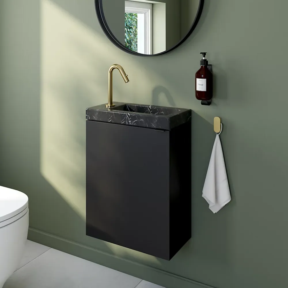 Lave-Mains|Homesight Meuble lave-mains suspendu noir mat l.44 cm Imandra + plan vasque effet marbre noir, GoodHome