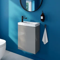 Lave-Mains| Meuble lave-mains suspendu gris brillant l.44 cm Imandra + plan vasque terrazzo, GoodHome