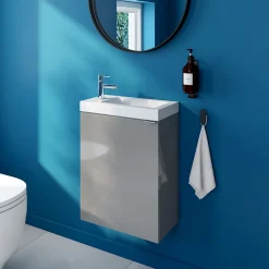 Lave-Mains|GoodHome Meuble lave-mains suspendu gris brillant l.44 cm Imandra + plan vasque blanc céramique Nira,