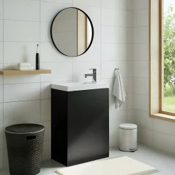 Lave-Mains|GoodHome Meuble lave-mains suspendu noir mat l.44 cm Imandra + plan vasque blanc résine Beni,