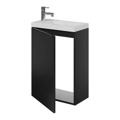 Lave-Mains|GoodHome Meuble lave-mains suspendu noir mat l.44 cm Imandra + plan vasque blanc résine Beni,