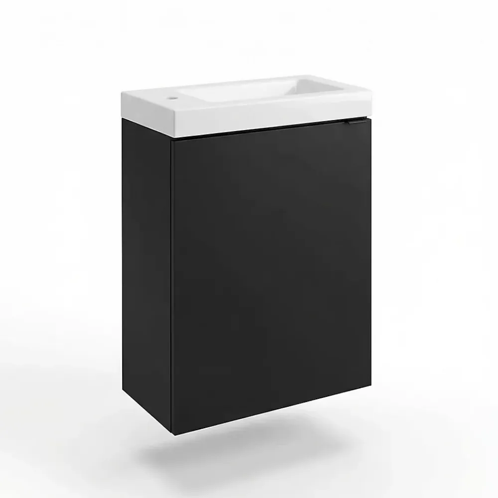 GoodHome Meuble lave-mains suspendu noir mat l.44 cm Imandra + plan vasque blanc céramique Nira,