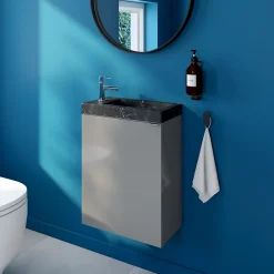 Lave-Mains|GoodHome Meuble lave-mains suspendu gris brillant l.44 cm Imandra + plan vasque effet marbre noir,