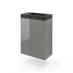 Lave-Mains|GoodHome Meuble lave-mains suspendu gris brillant l.44 cm Imandra + plan vasque effet marbre noir,